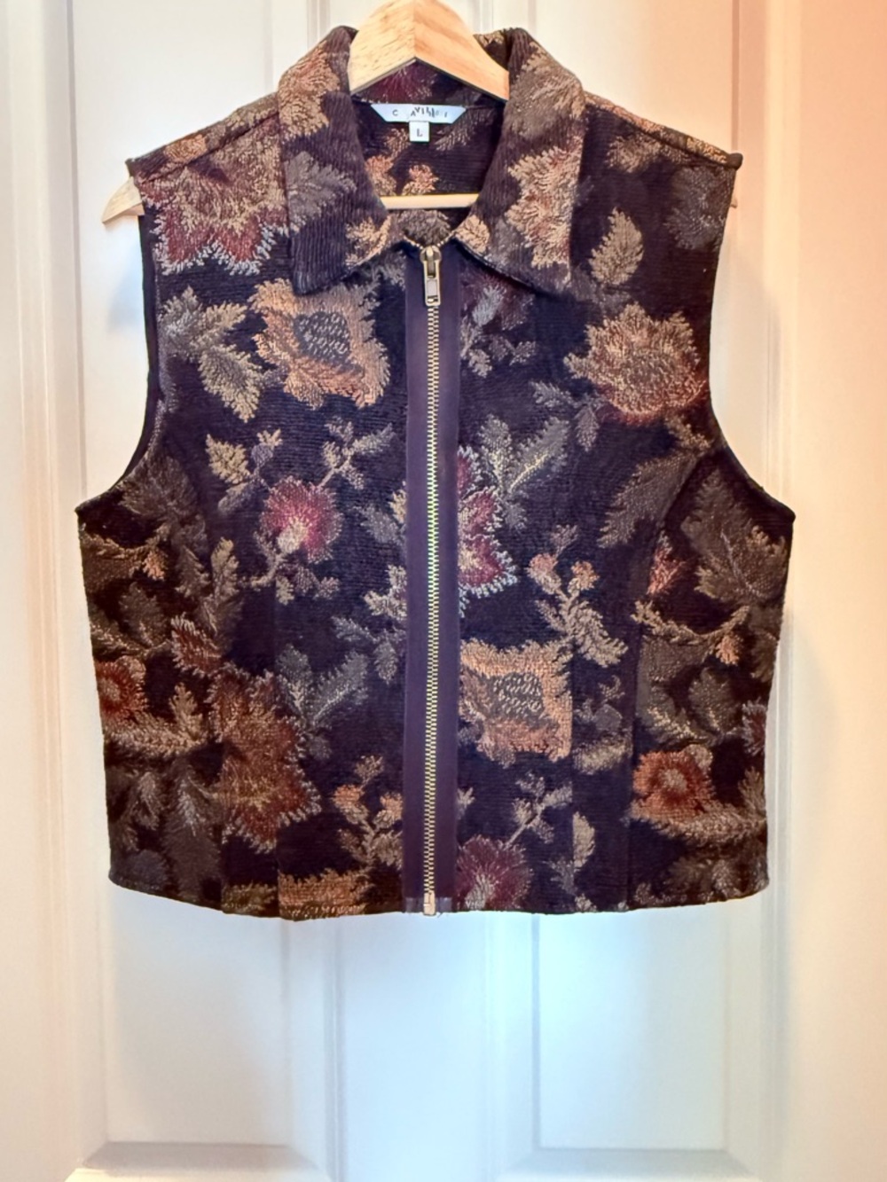 CAbi Large Dark Floral Tapestry Zip Vest — Black with Brown & Rust Accents
